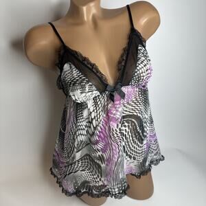 Y2K La Senza Mesh Babydoll Lingerie Top Psychedelic Print Lace Trim Small S